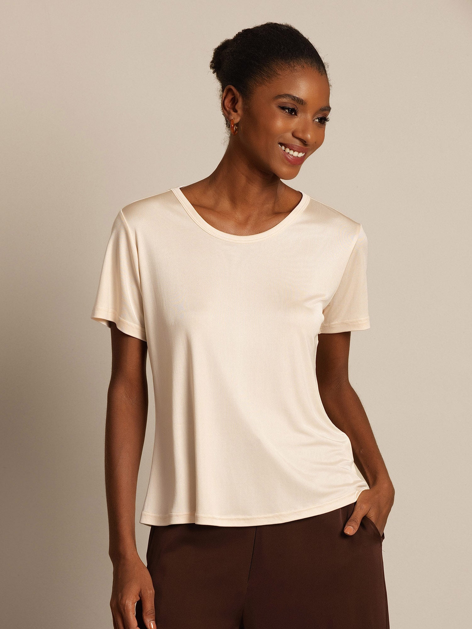 [Beige] SilkSilky-IT Maniche Corte Womens T-Shirt 001