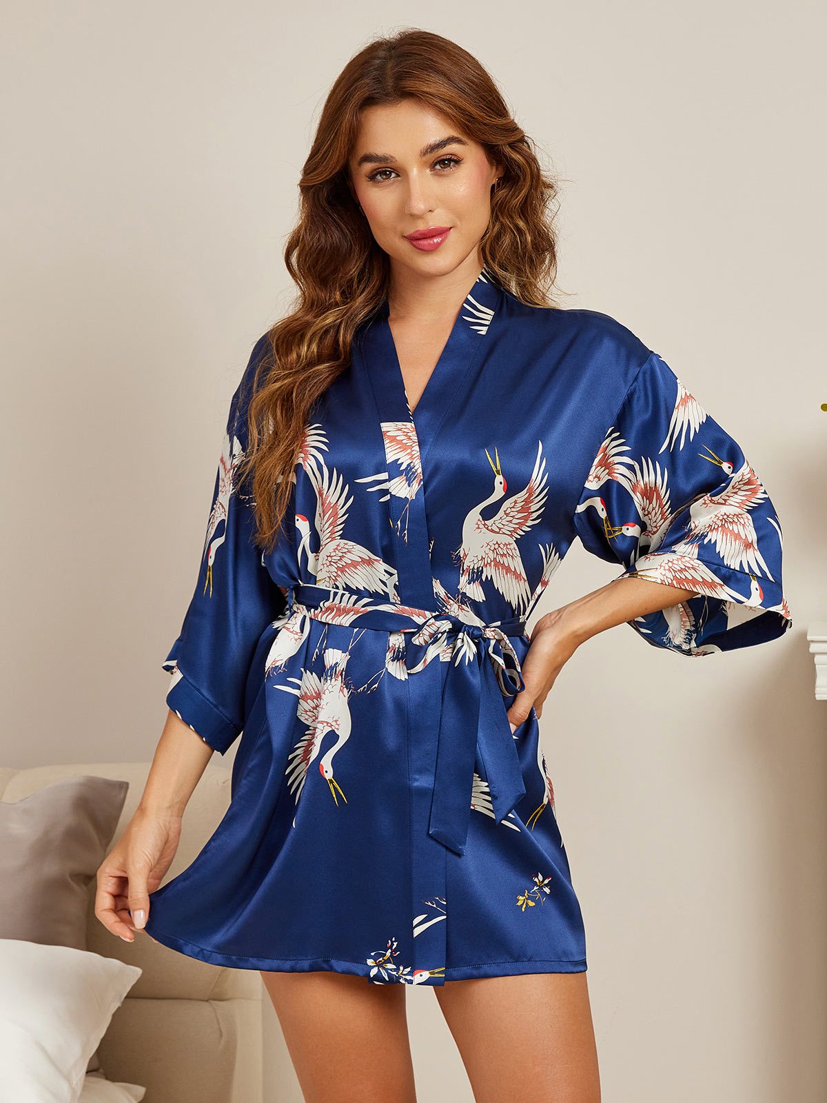 [Blu Scuro] SilkSilky-IT Seta pura Scollo a V profondo Vestaglia da donna 003