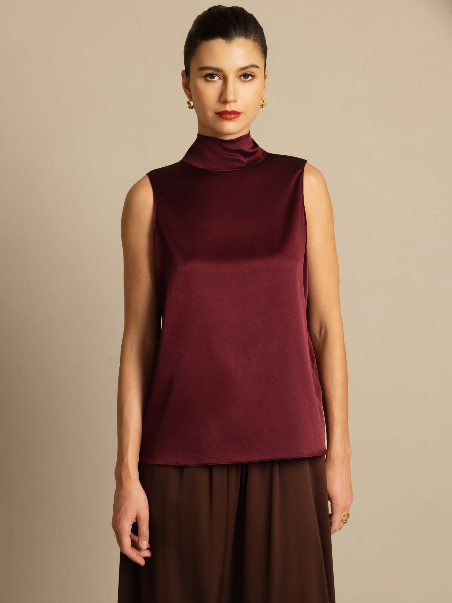 [Rosso Scuro] SilkSilky-IT 19Momme Senza maniche Collo con fiocco Camicette 003