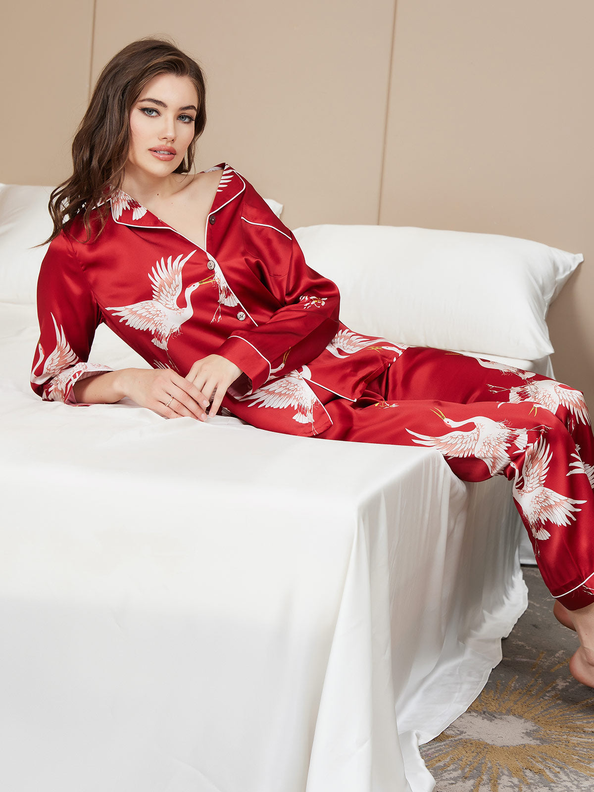 [Rosso Scuro] SilkSilky-IT 19Momme Seta pura Womens Pajamas 008,