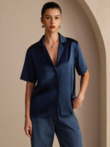 [Blu Scuro] SilkSilky-IT Short Sleeve Lapel Collar Camicie da donna 001
