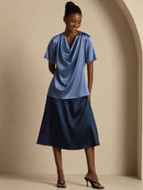 [Verde Petrolio Intenso] SilkSilky-IT Short Sleeve Cowl Neck Bluse 006