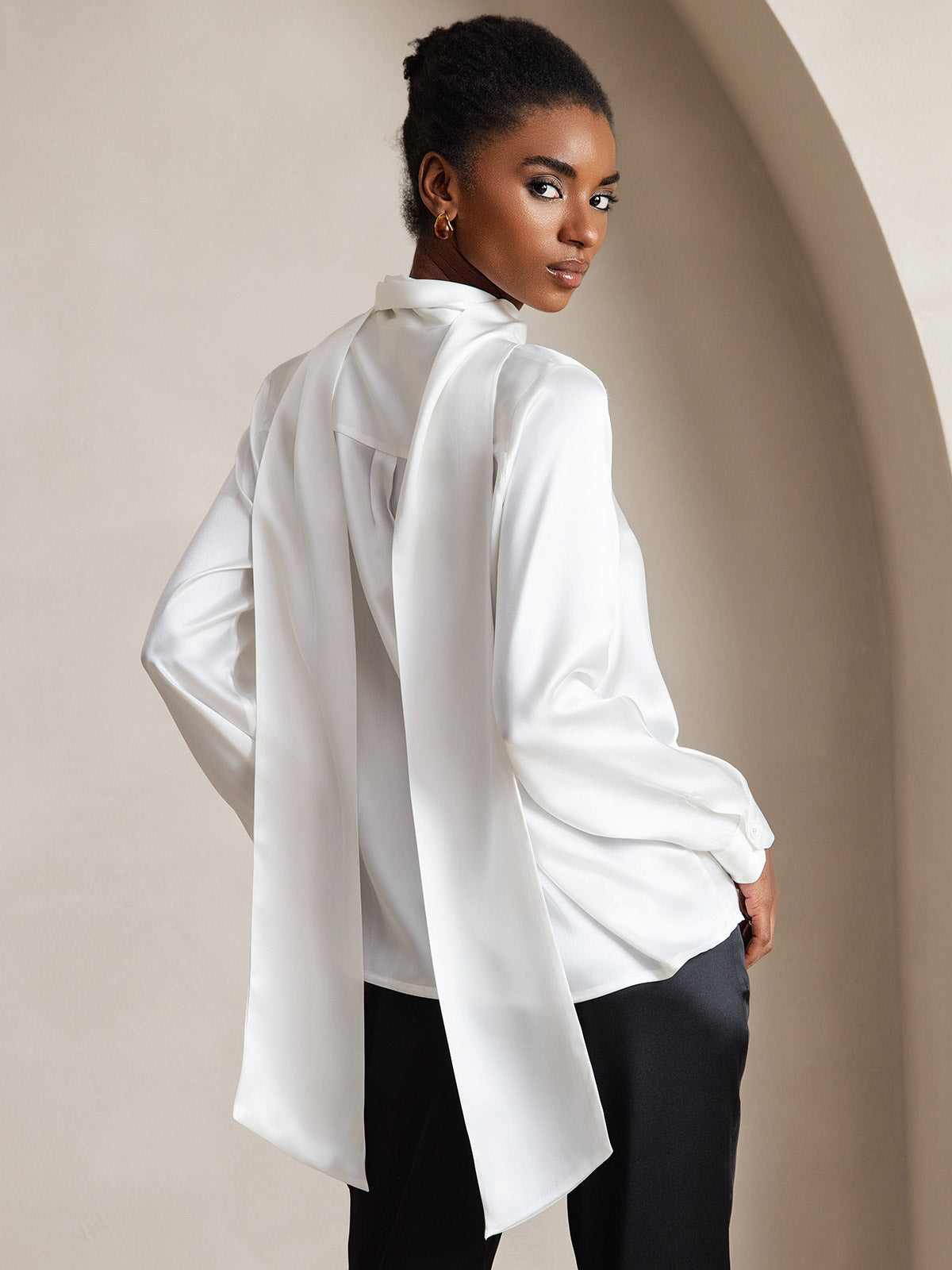 [Bianco] SilkSilky-IT 19Momme Manica lunga Camicette 002
