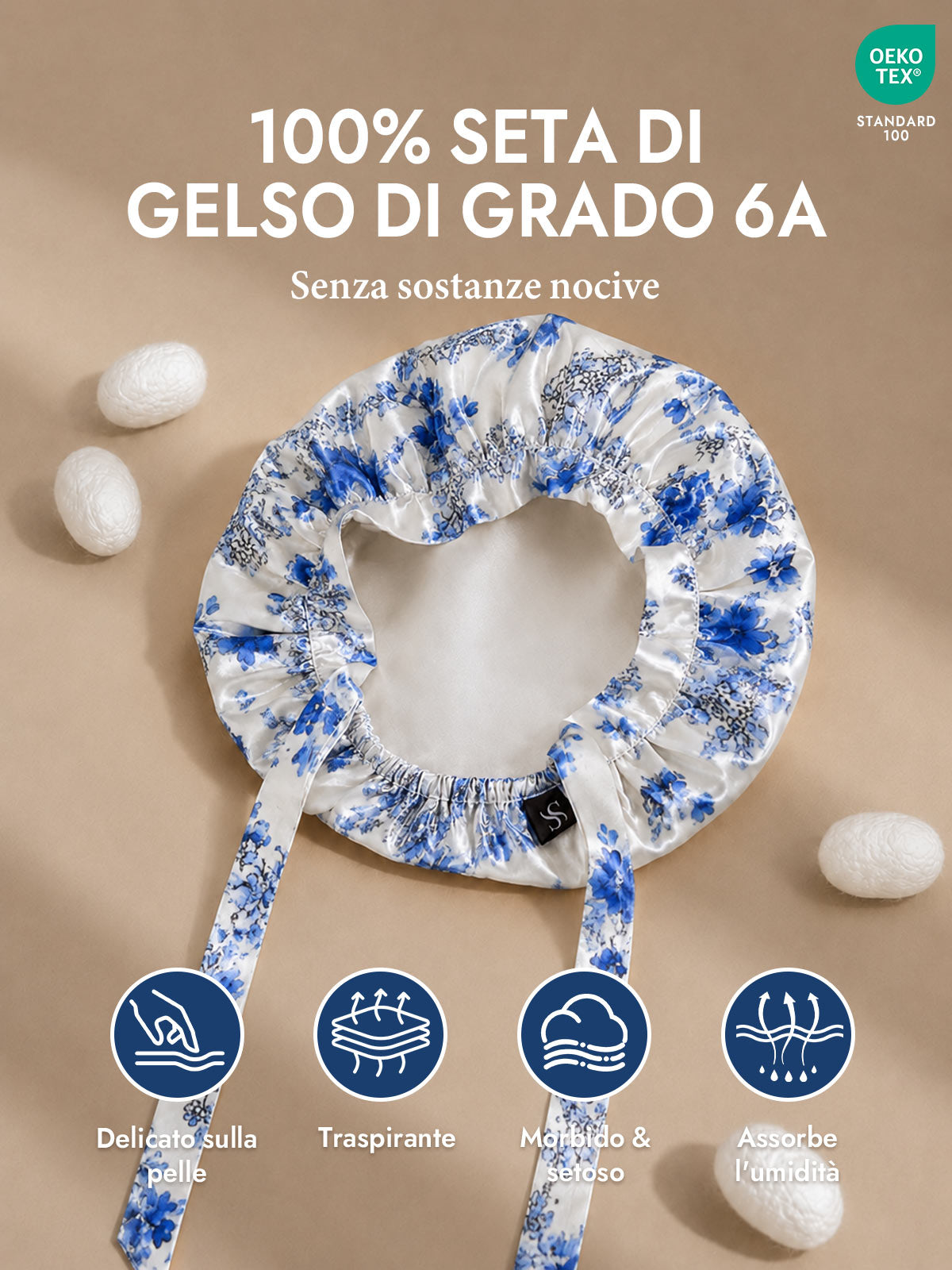 [Porcellana Bianco E Blu] SilkSilky-IT Cuffia di seta 002