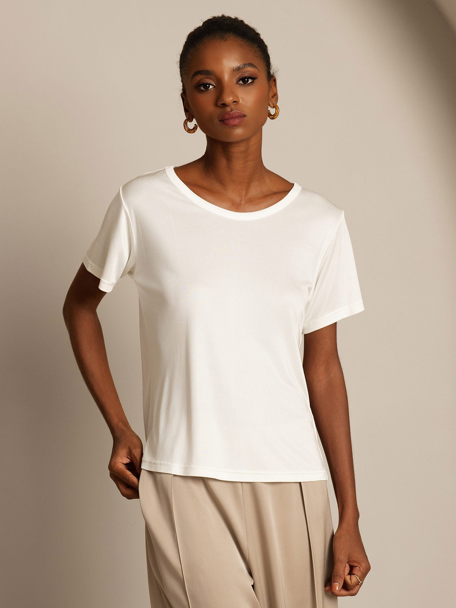 [Bianco] SilkSilky-IT Maglia di seta Womens T-Shirt 003,