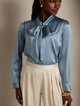 [Blu Grigiastro] SilkSilky-IT Long Sleeve Tie Neck Bluse 006