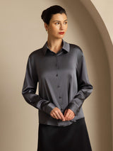[Grigio Scuro] SilkSilky-IT 19Momme Manica lunga Colletto con Revers Camicie da donna 007