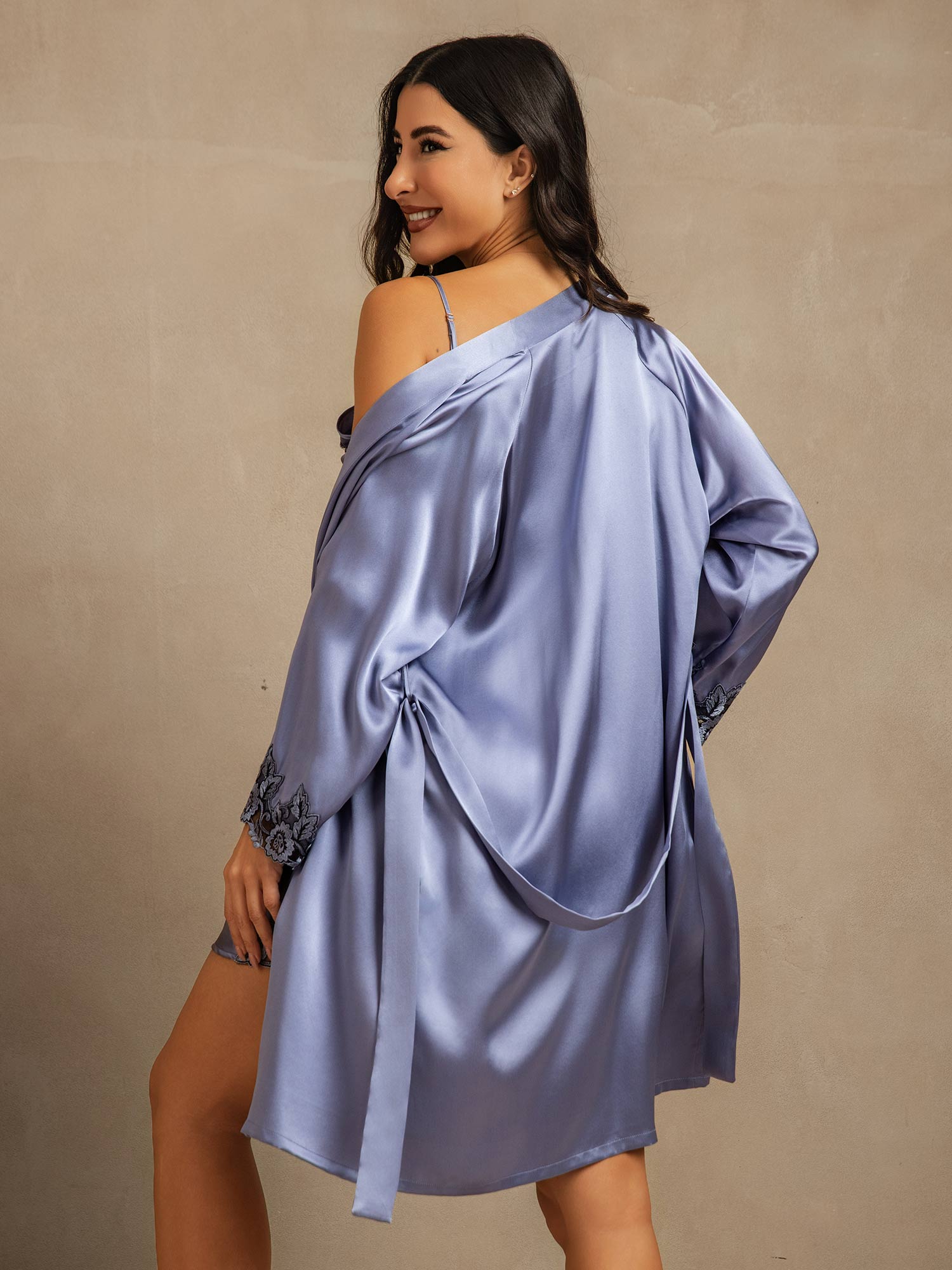 [Blu Acciaio] SilkSilky-IT A tre quarti Nightgown&Robe Set 002