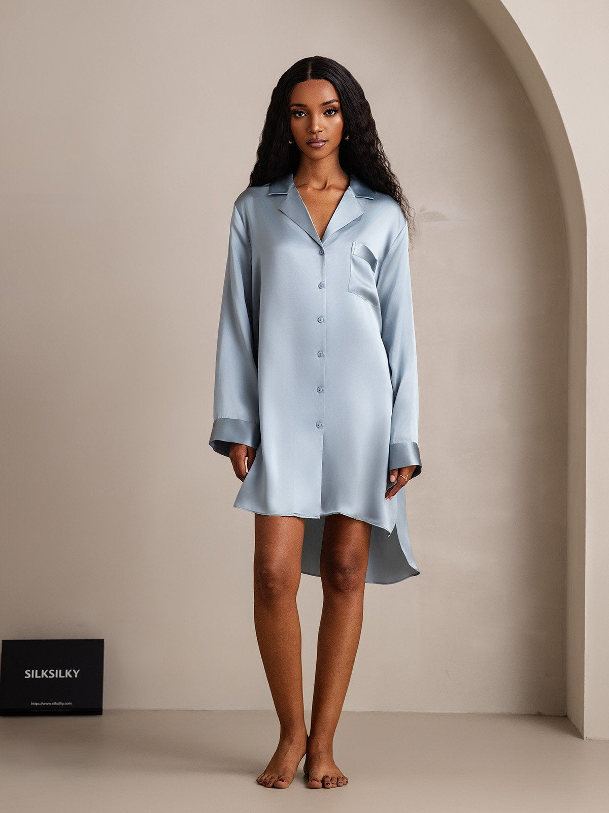 [BluGrigiastro] SilkSilky-IT Seta pura Colletto risvolto Camicia da notte 003
