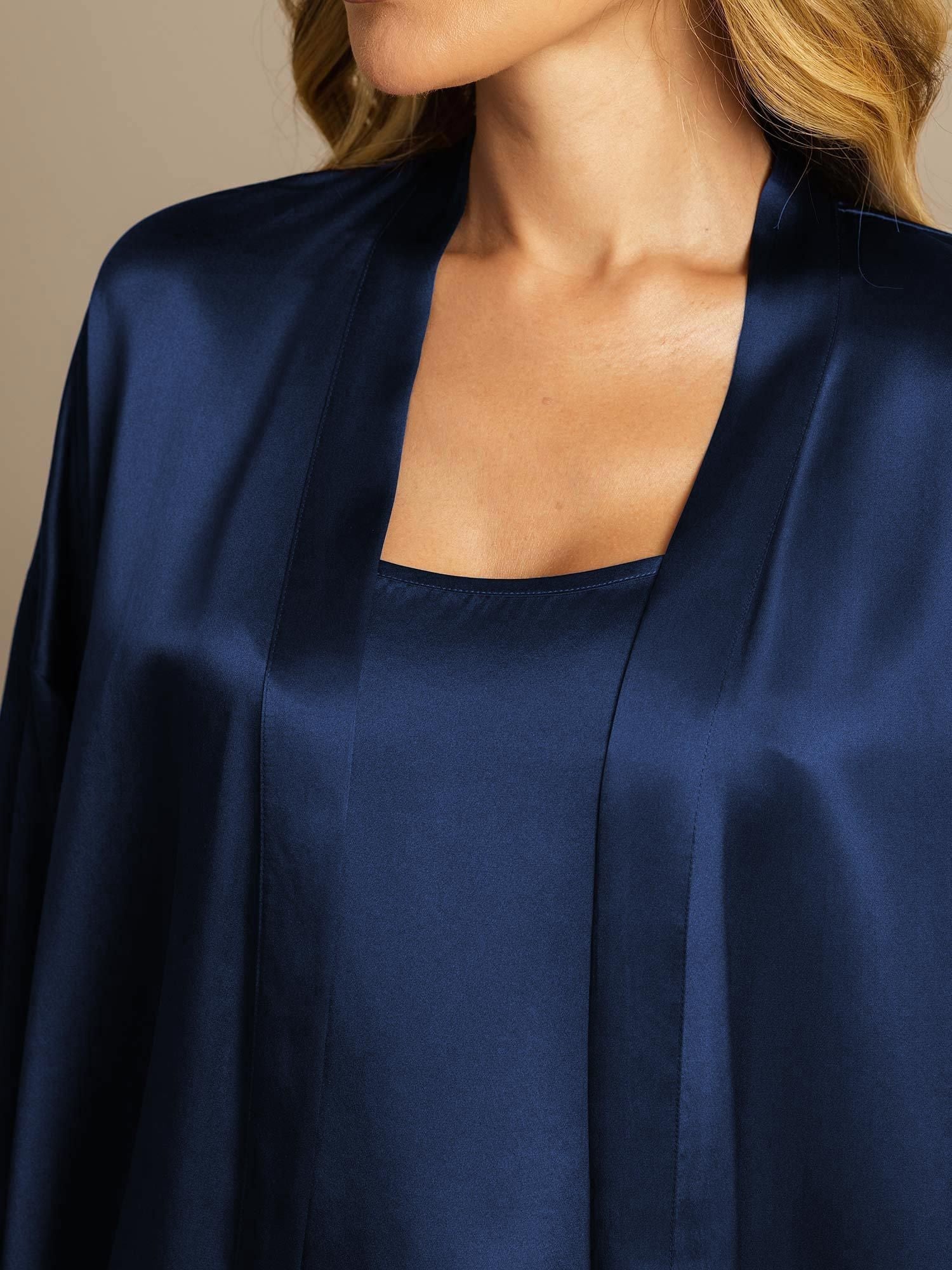 [Blu Scuro] SilkSilky-IT Seta pura Nightgown&Robe Set 004,