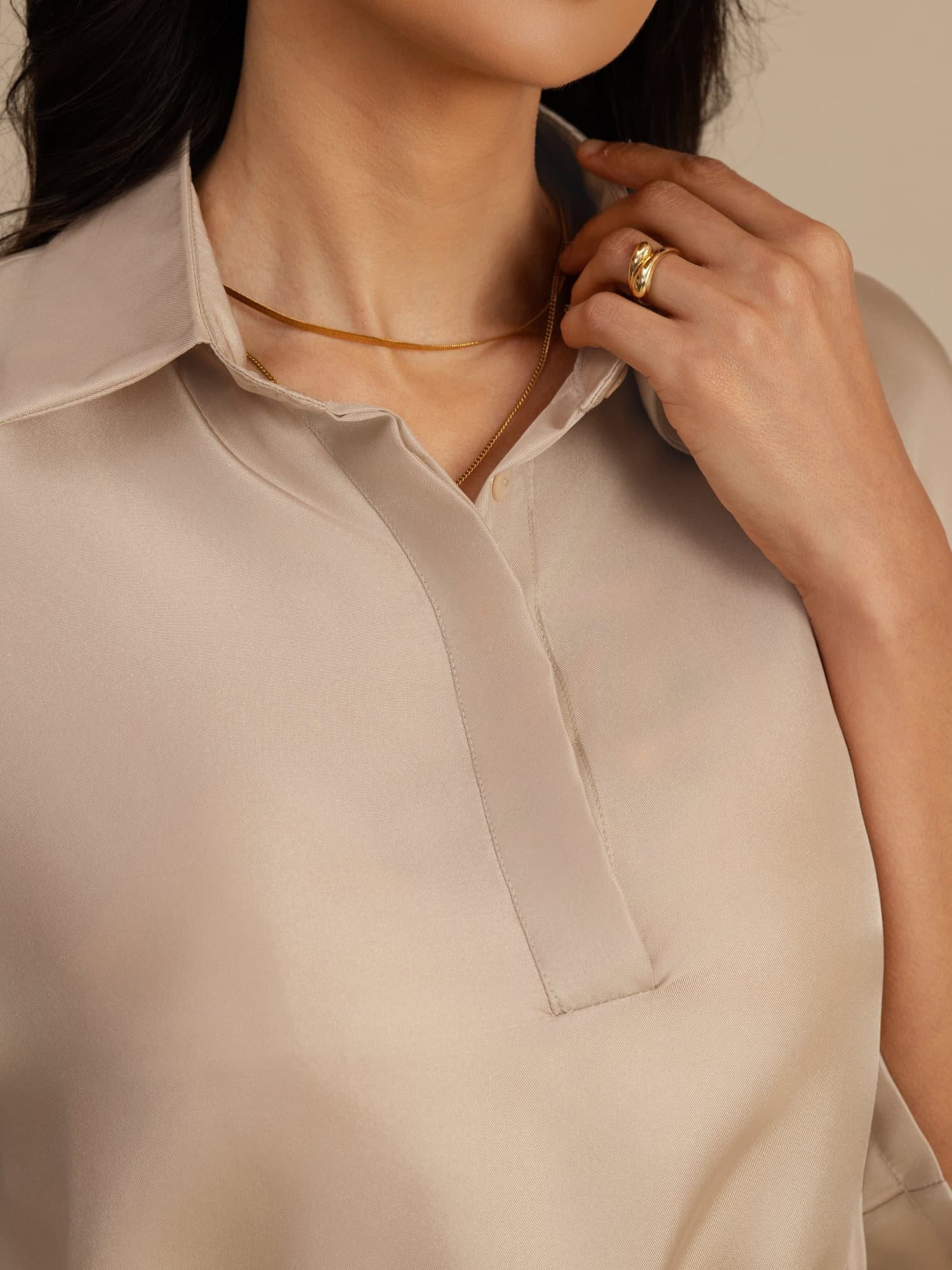 [Marrone Chiaro] SilkSilky-IT 18Momme Manga media Colletto con Revers Camicette 004