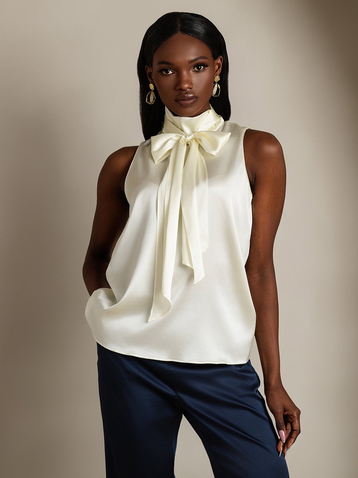 [Avorio] SilkSilky-IT 19Momme Senza maniche Collo con fiocco Camicette 004