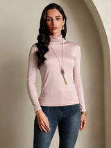 [Rosa Corallo] SilkSilky-IT Manica lunga Dolcevita Magliette donna 001