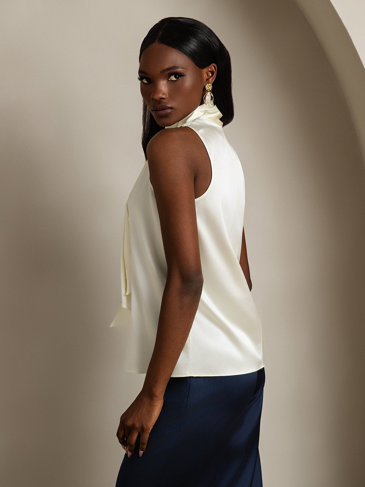 [Avorio] SilkSilky-IT 19Momme Senza maniche Collo con fiocco Camicette 002