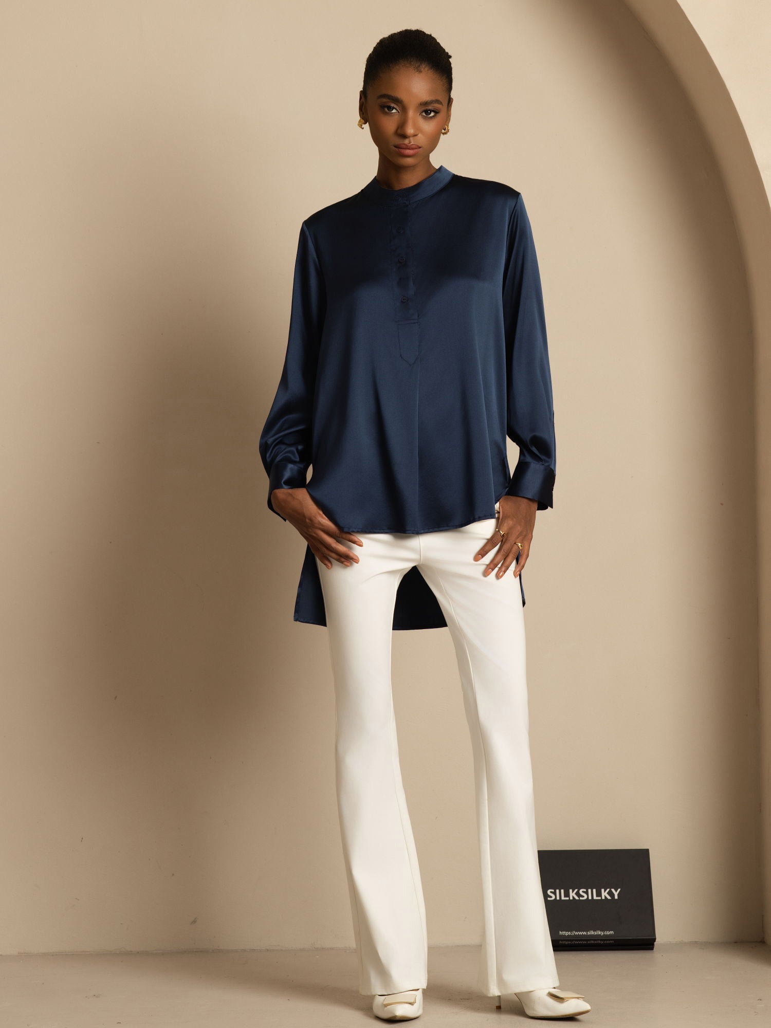 [Blu Scuro] SilkSilky-IT 19Momme Seta Manica lunga Collo Alto Camicette 008