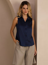[Blu Scuro] SilkSilky-IT Sleeveless Lapel Collar Camicie da donna 001