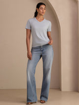 [Blu Grigiastro] SilkSilky-IT Short Sleeve V Neck Magliette donna 007