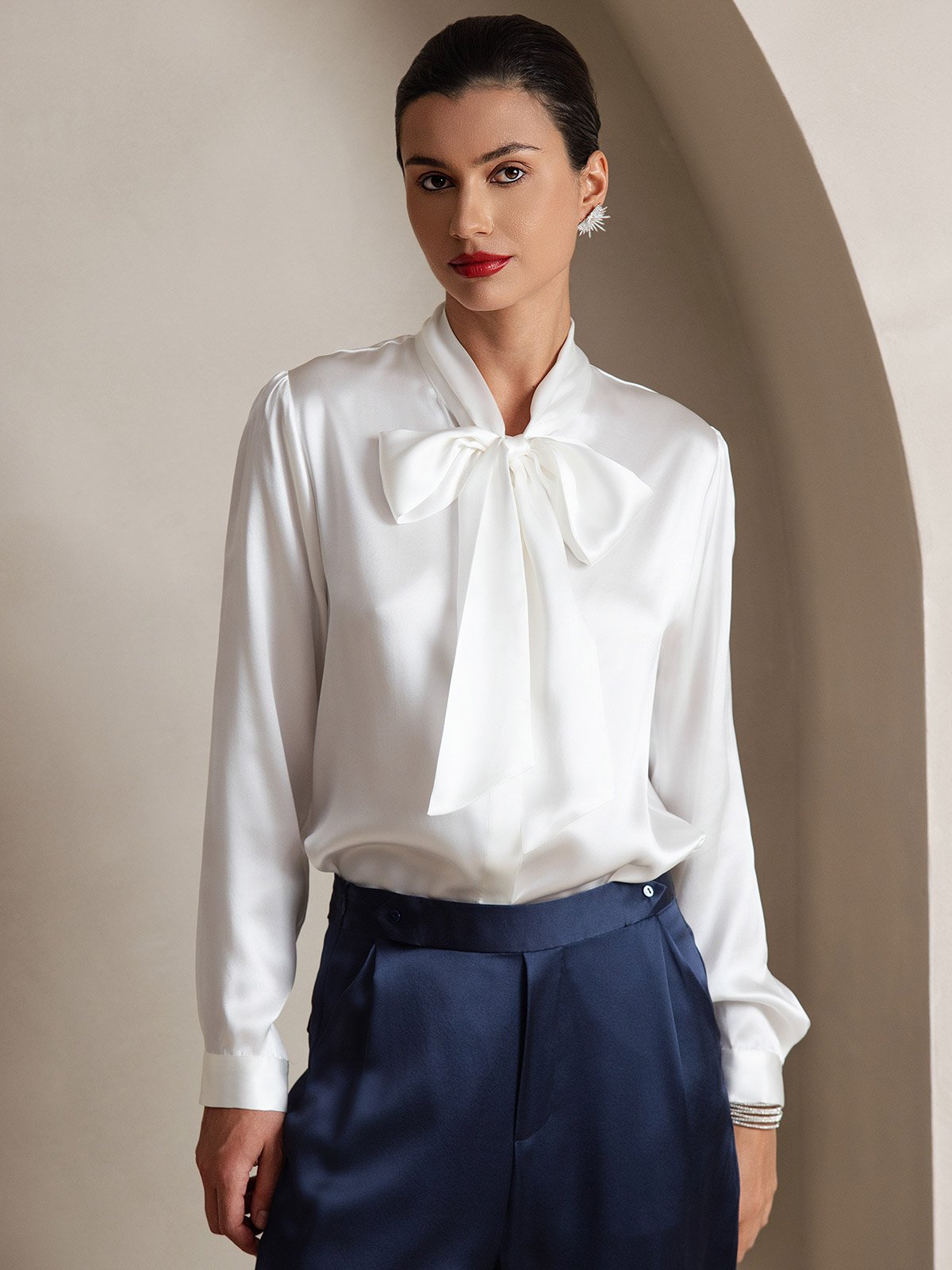 [Bianco] SilkSilky-IT 19Momme Manica lunga Collo con fiocco Camicette 001