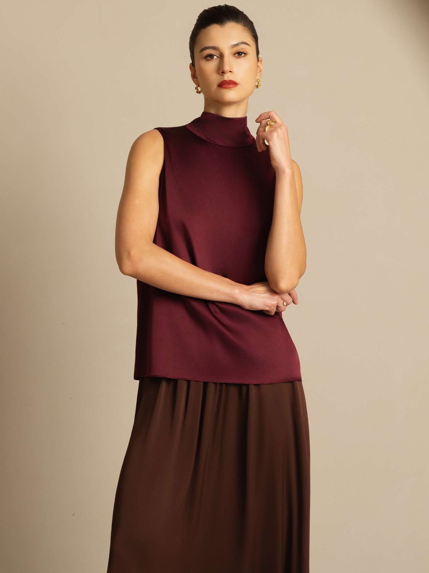 [Rosso Scuro] SilkSilky-IT 19Momme Senza maniche Collo con fiocco Camicette 007