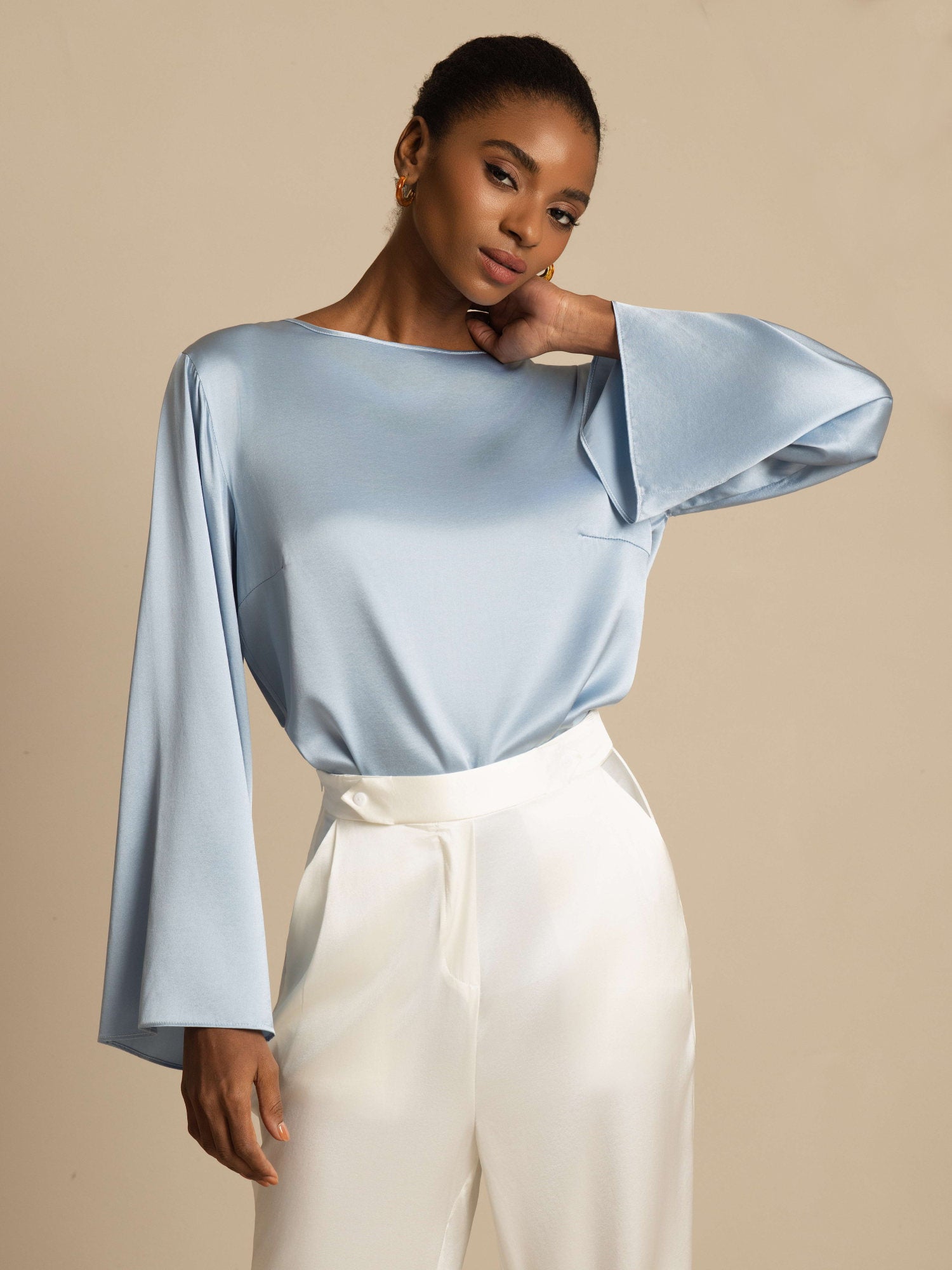 [Blu Grigiastro] SilkSilky-IT 19Momme Manica lunga Scollo barchetta Camicette 001