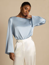 [Blu Grigiastro] SilkSilky-IT Long Sleeve Boat Neck Camicette 001