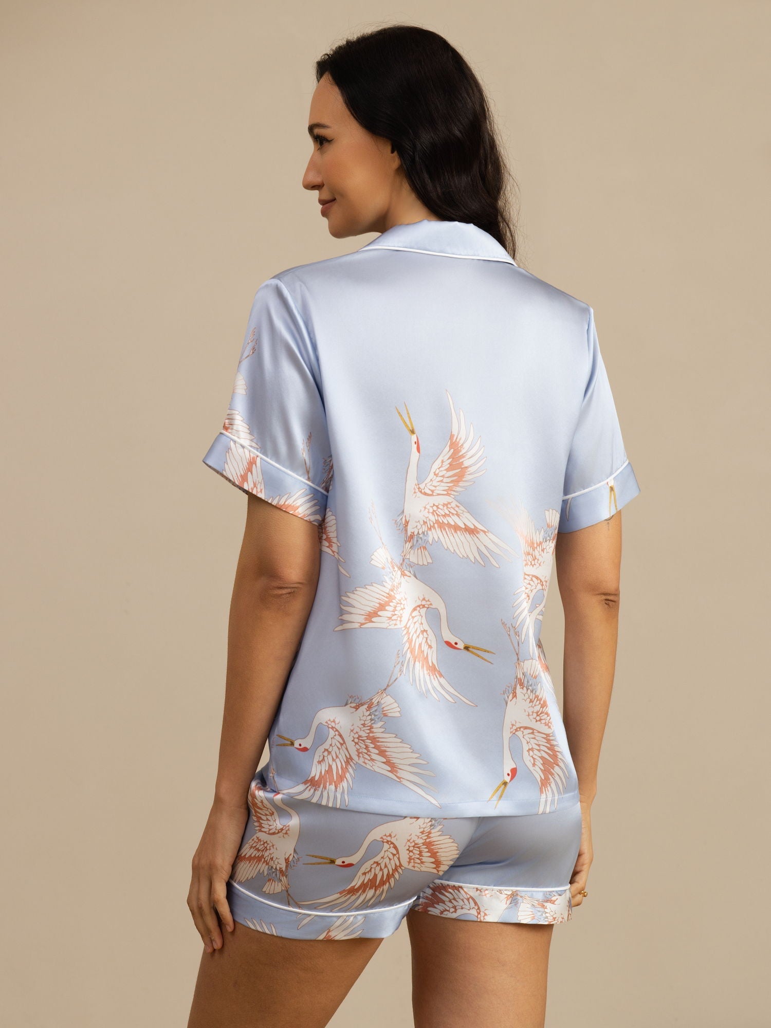 [Azzurro] SilkSilky-IT 19Momme Maniche Corte Collo a Taglio Pigiami da donna 002