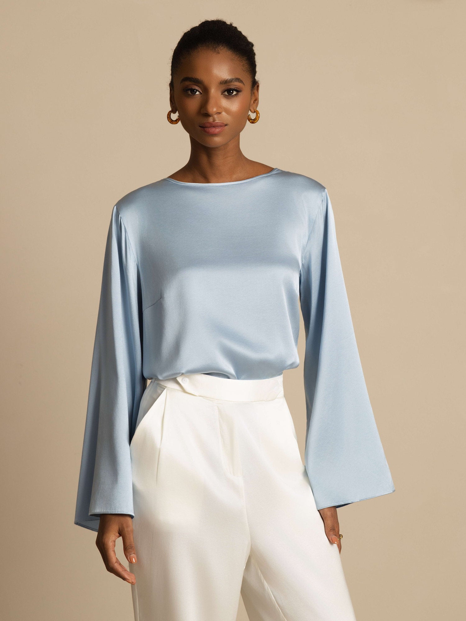 [Blu Grigiastro] SilkSilky-IT 19Momme Manica lunga Scollo barchetta Camicette 006