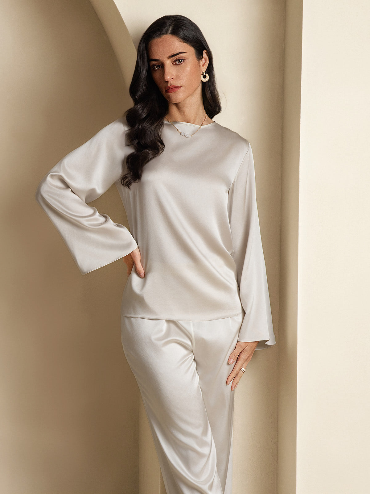 [Grigio Chiaro] SilkSilky-IT 19Momme Manica lunga Scollo barchetta Camicette 004