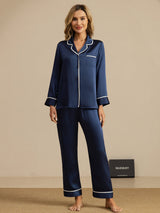 [Blu Scuro] SilkSilky-IT Long Sleeve Lapel Collar Pigiami da donna 001