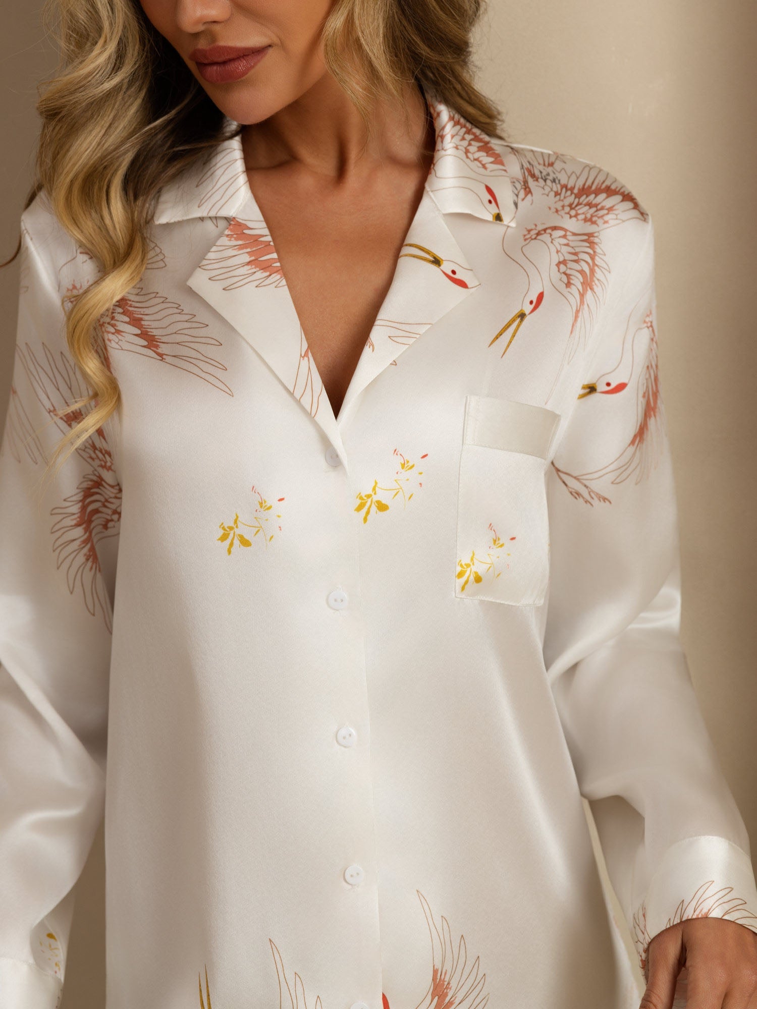 [Bianco] SilkSilky-IT 19Momme Manica lunga Collo a Taglio Camicia da notte 004