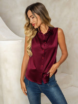 [Rosso Scuro] SilkSilky-IT Sleeveless Lapel Collar Camicie da donna 005