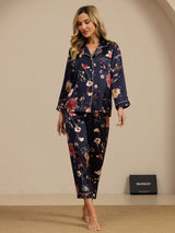 [Floreale Blu Navy] SilkSilky-IT Long Sleeve Lapel Collar Pigiami da donna 004