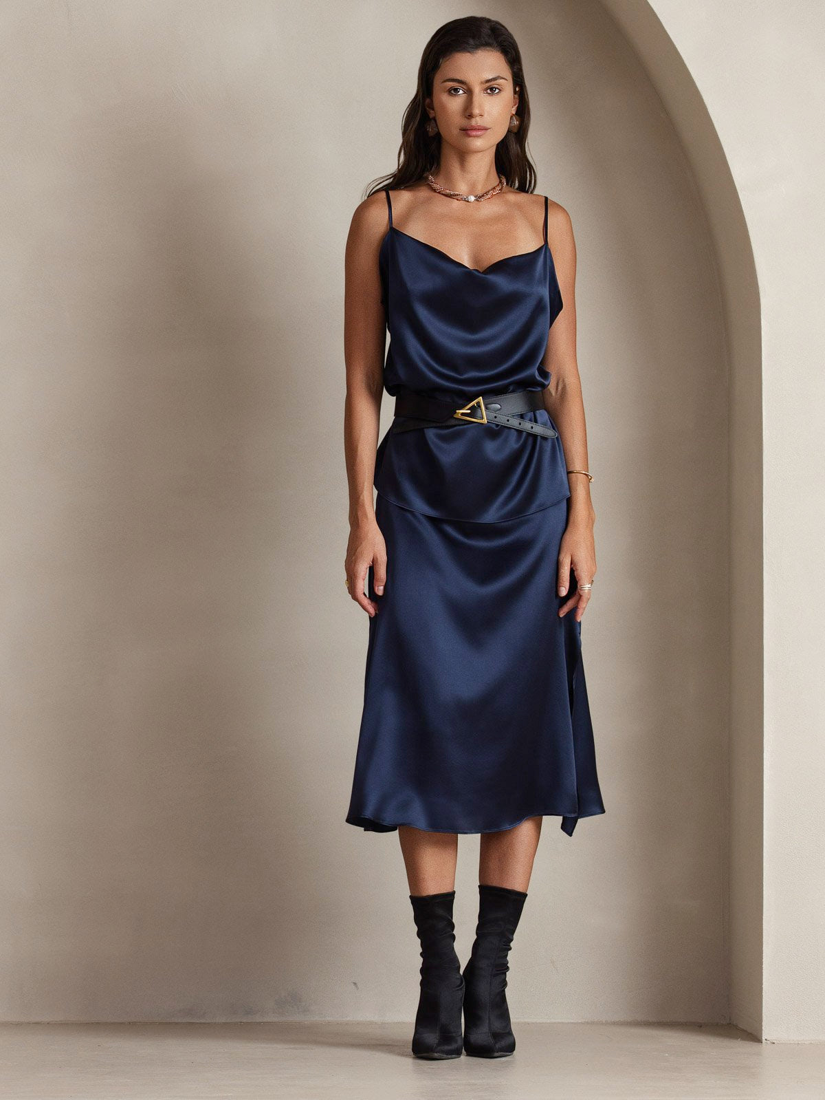 [Blu Scuro] SilkSilky-IT 19Momme Tirantes Finos Collo drappeggiato Cami 004