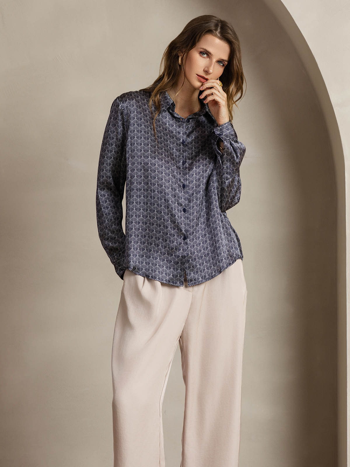 [Ginkgo Blu Navy] SilkSilky-IT Seta Colletto risvolto Camicie da donna 006