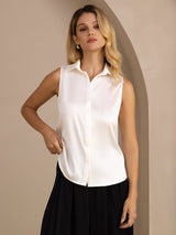 [Bianco] SilkSilky-IT Sleeveless Lapel Collar Camicie da donna 003