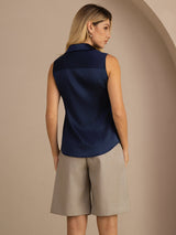 [Blu Scuro] SilkSilky-IT Sleeveless Lapel Collar Camicie da donna 002