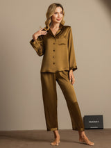 [Marrone] SilkSilky-IT Long Sleeve Lapel Collar Pigiami da donna 004