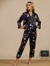 [Floreale Blu Navy] SilkSilky-IT Long Sleeve Lapel Collar Pigiami da donna 003