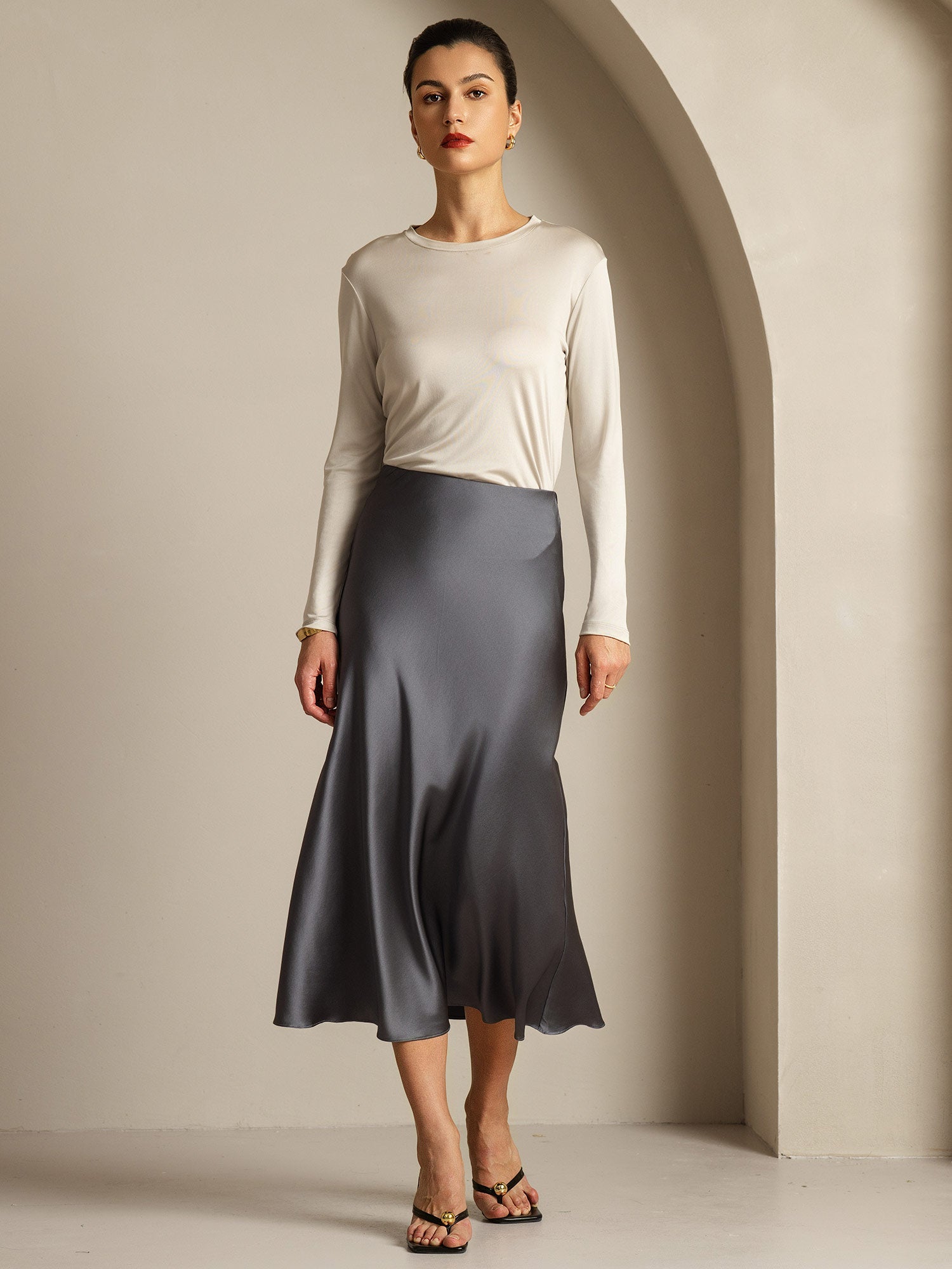 [Grigio] SilkSilky-IT Seta pura Womens T-Shirt 015,