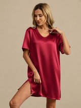 [Rosso Scuro] SilkSilky-IT Half Sleeve V Neck Camicia da notte 004