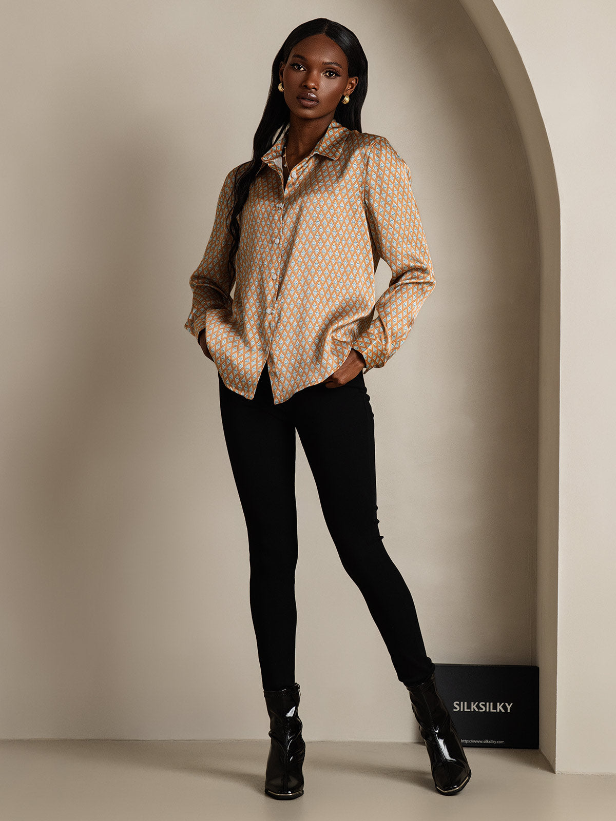 [Floral] SilkSilky-IT Manica lunga Colletto risvolto Camicie da donna 007