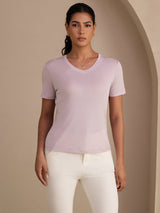 [Lavanda] SilkSilky-IT Short Sleeve V Neck Magliette donna 001