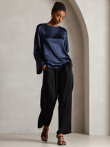 [Blu Scuro] SilkSilky-IT Long Sleeve Boat Neck Camicette 004