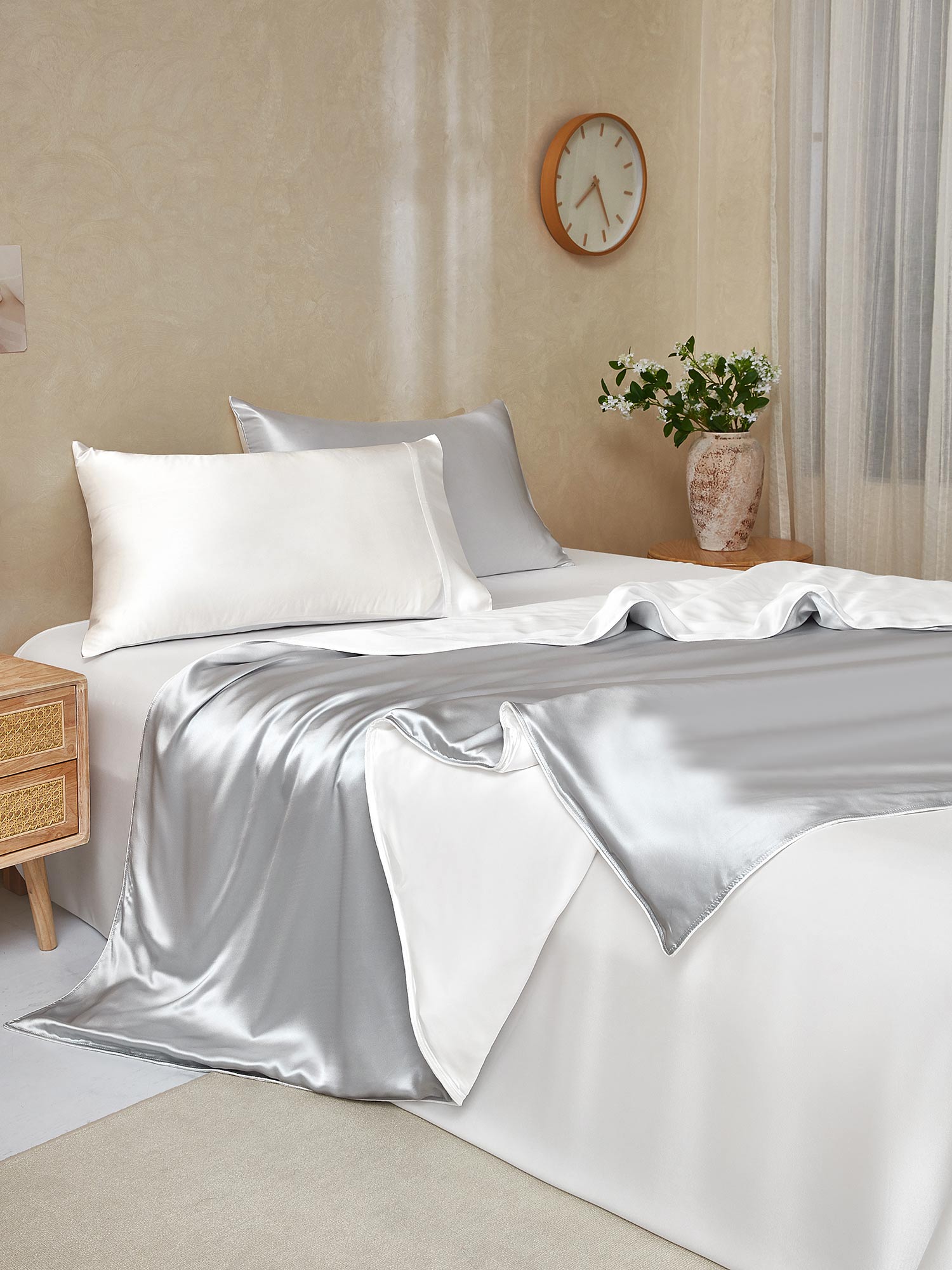 [GrigioChiaro+Bianco] SilkSilky-IT 22Momme Seta pura Bedding Set 001,