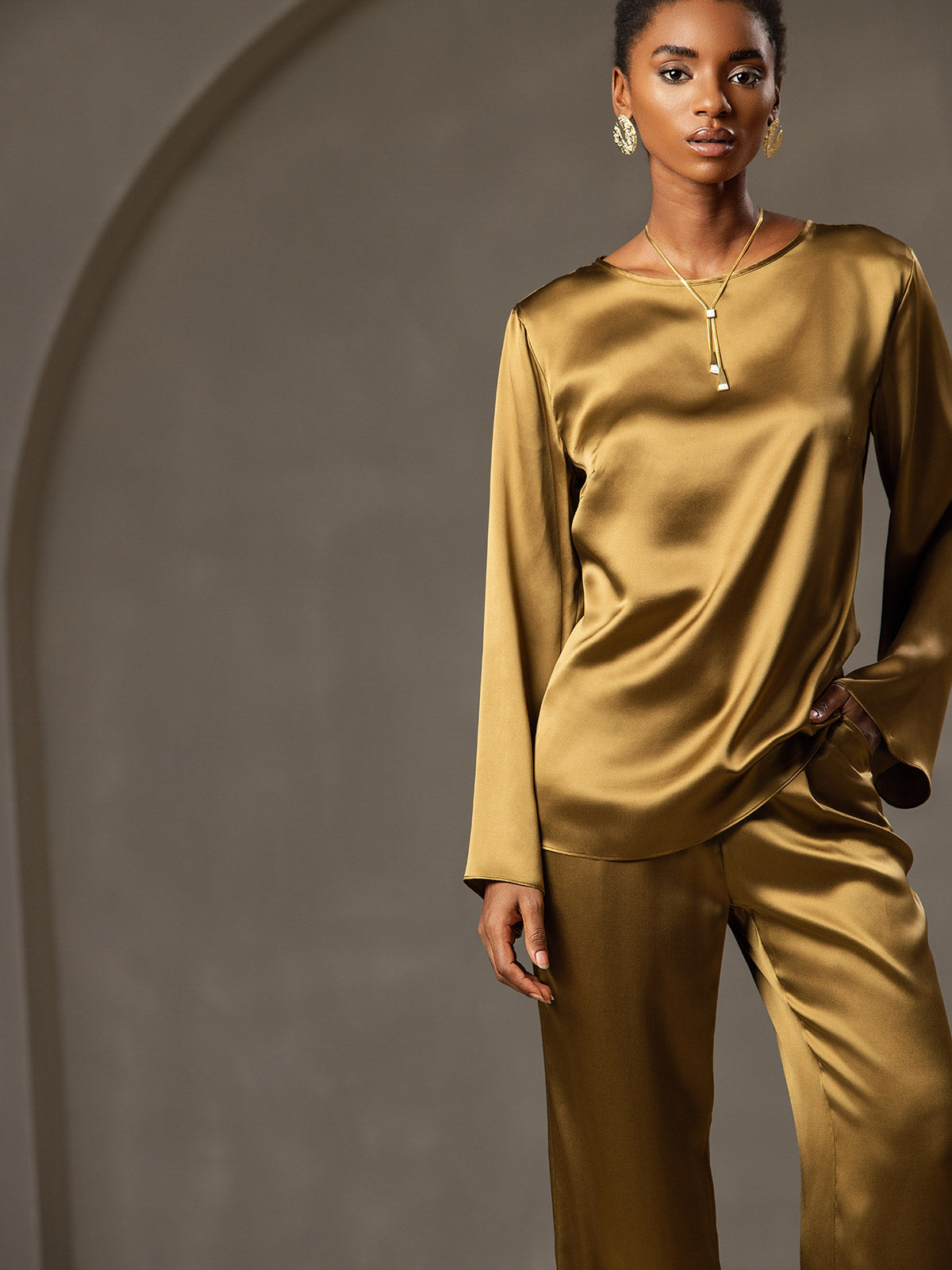 [Marrone] SilkSilky-IT 19Momme Manica lunga Scollo barchetta Camicette 005