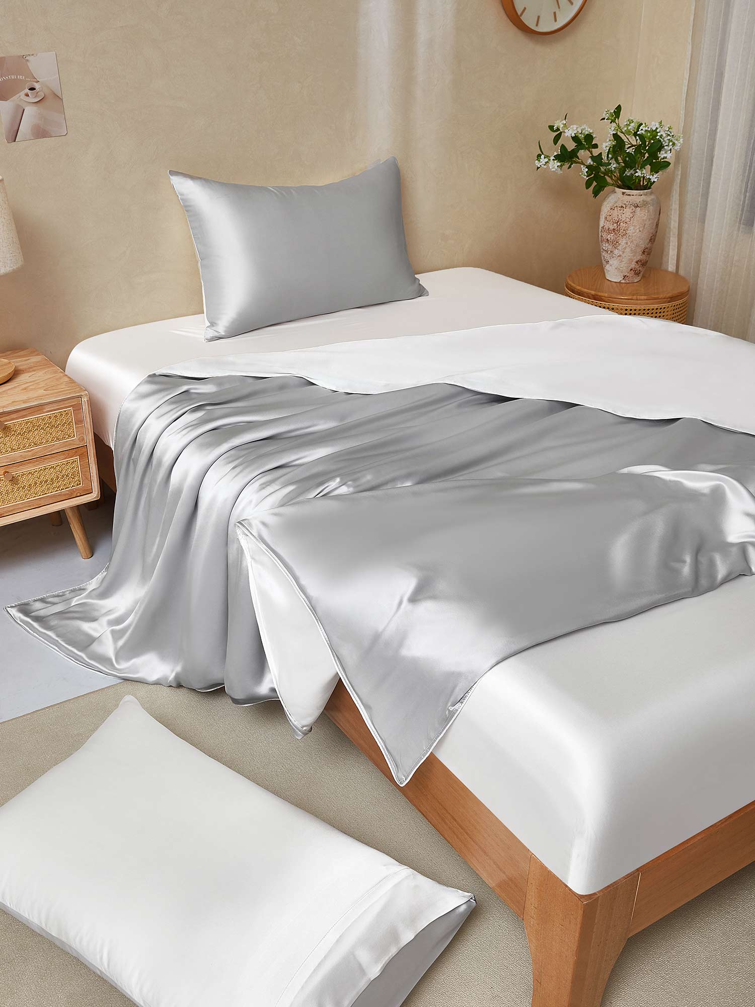 [GrigioChiaro+Bianco] SilkSilky-IT 22Momme Seta pura Bedding Set 001,