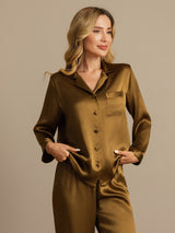 [Marrone] SilkSilky-IT Long Sleeve Lapel Collar Pigiami da donna 005