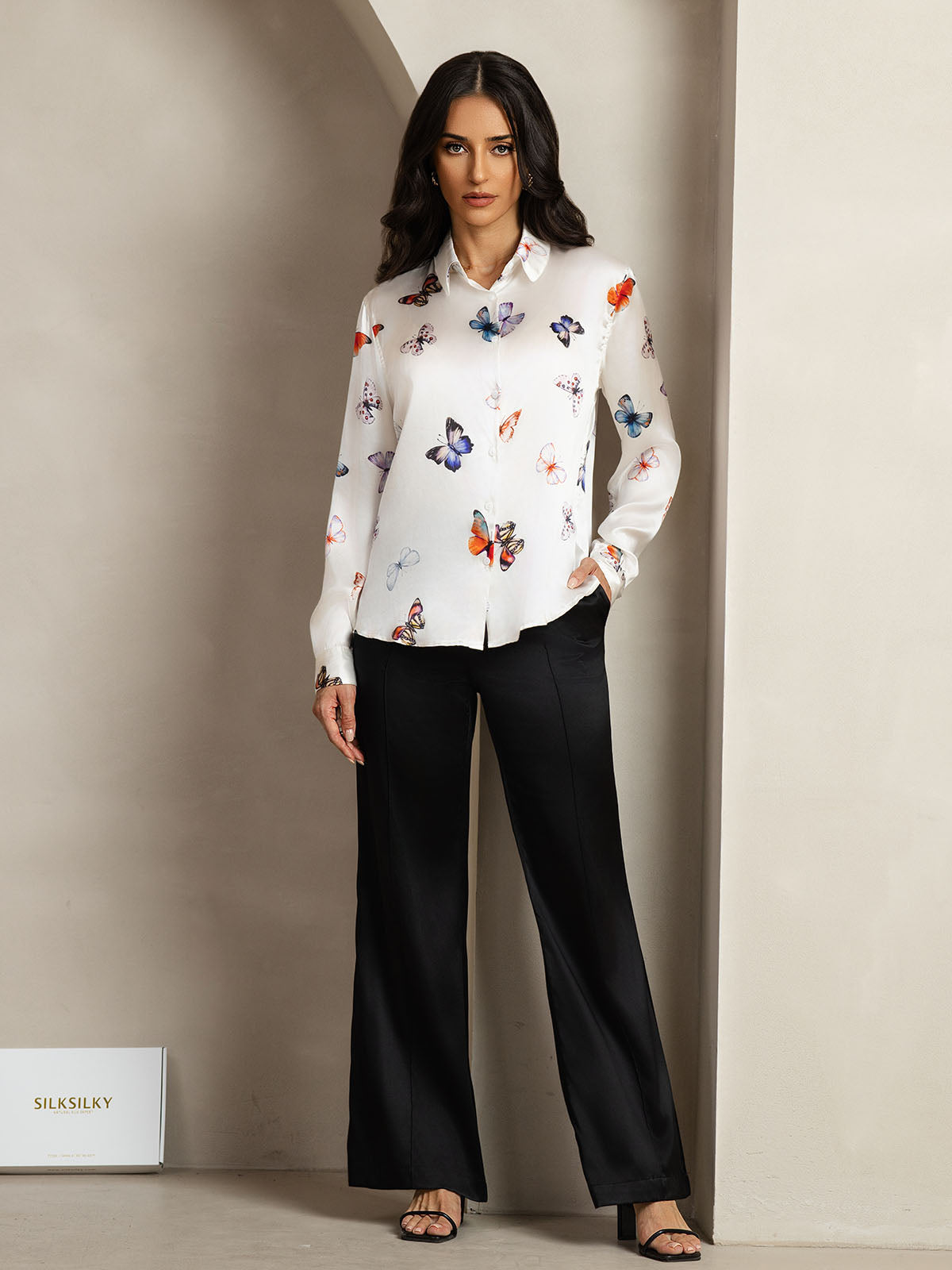 [Farfalla Bianca] SilkSilky-IT Seta Colletto risvolto Camicie da donna 003