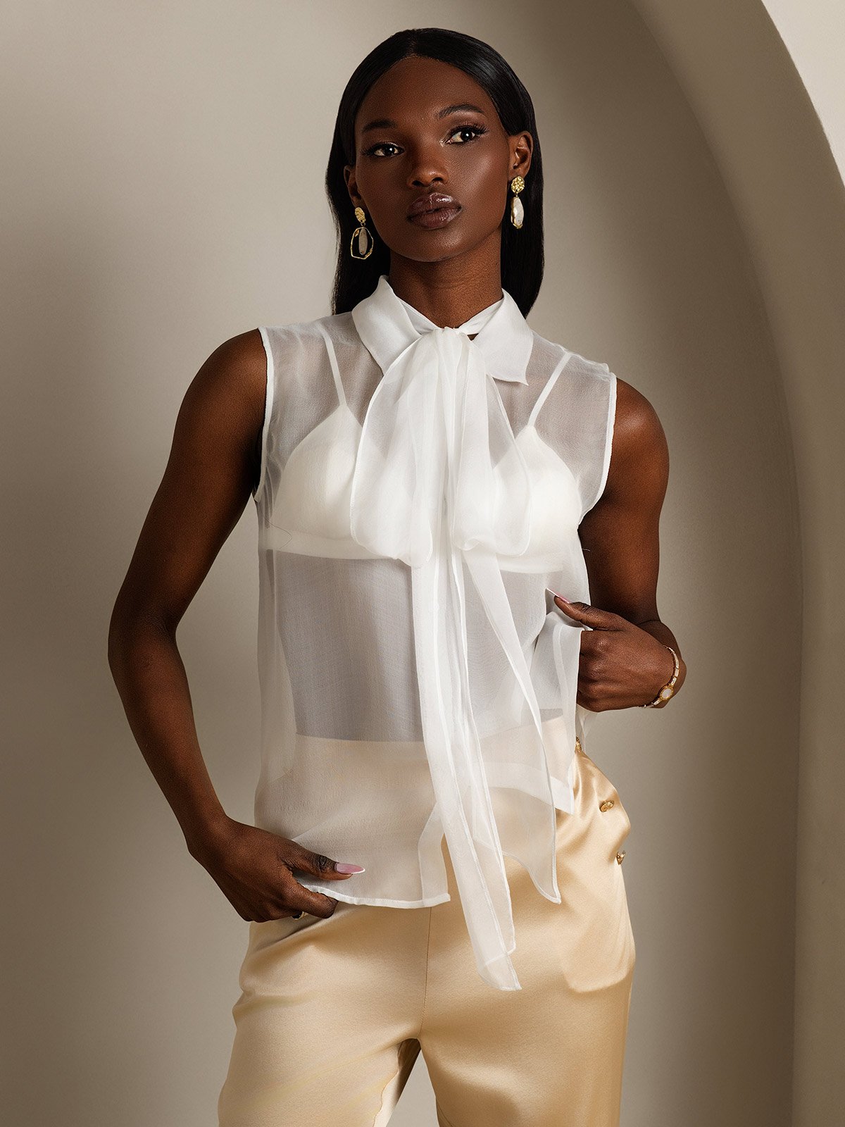 SilkSilky-IT Seta pura Senza maniche Nodo al collo Camicie da donna Bianco 006