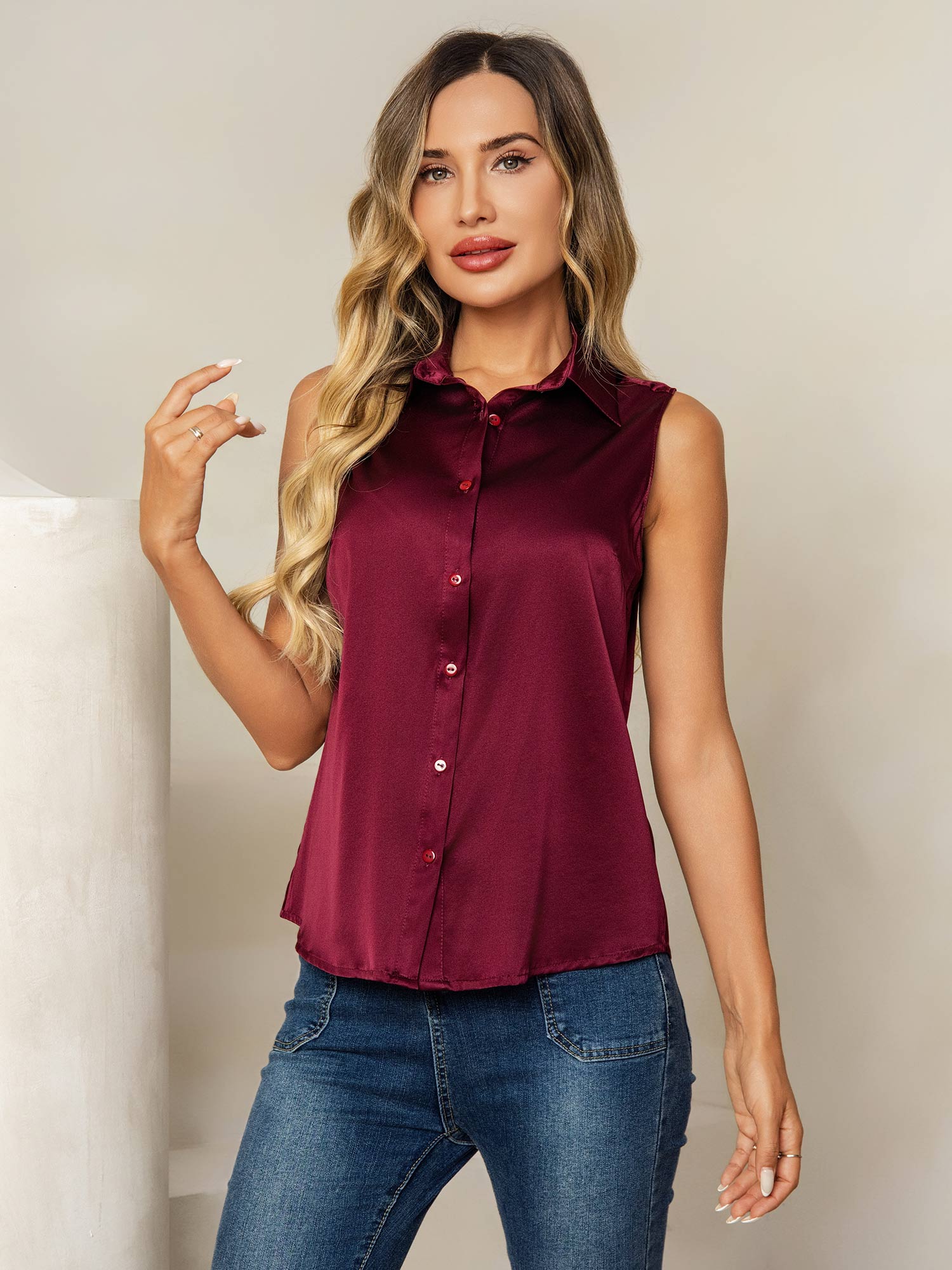 [Rosso Scuro] SilkSilky-IT 19Momme Seta Colletto risvolto Camicie da donna 001